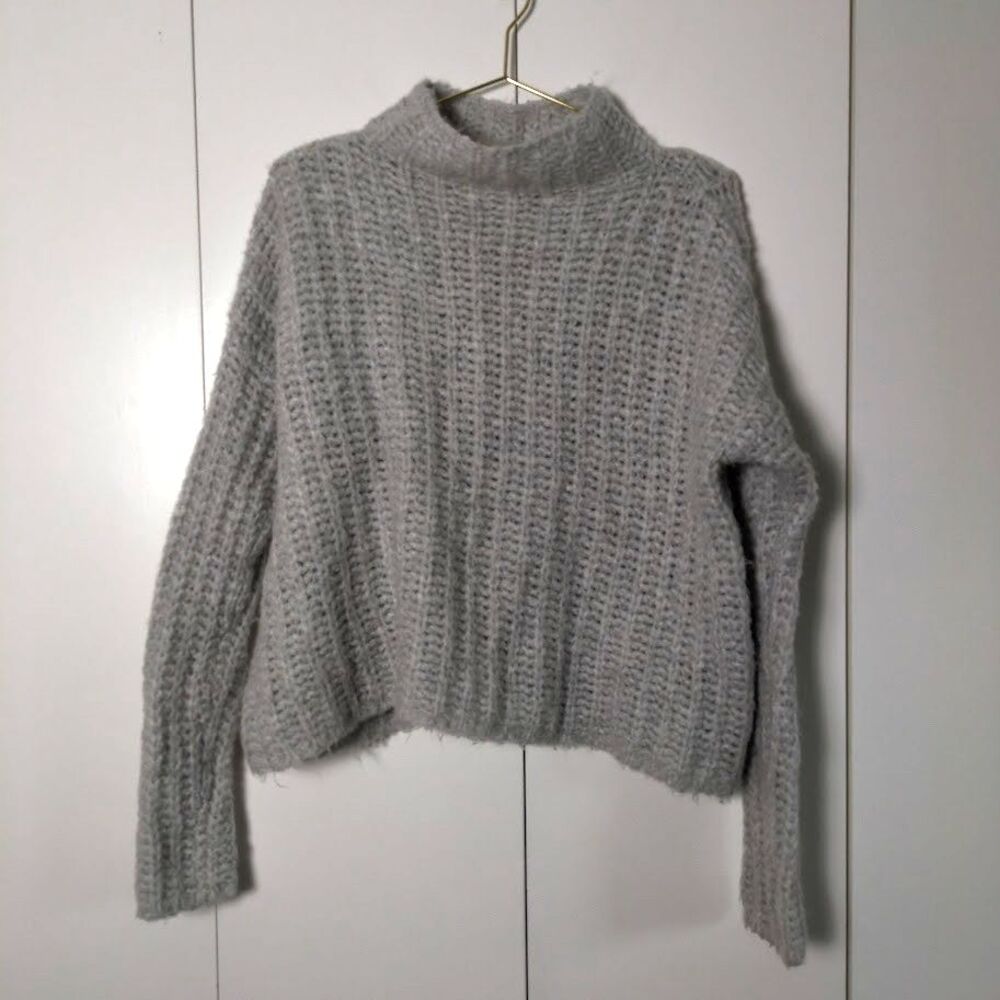 Aerie Mock Neck Womens S Small Crop Sweater Pullover Gray Open Knit